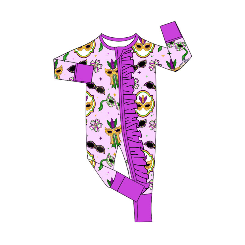 Mardi Gras mask toddle girls long sleeve romper preorder
