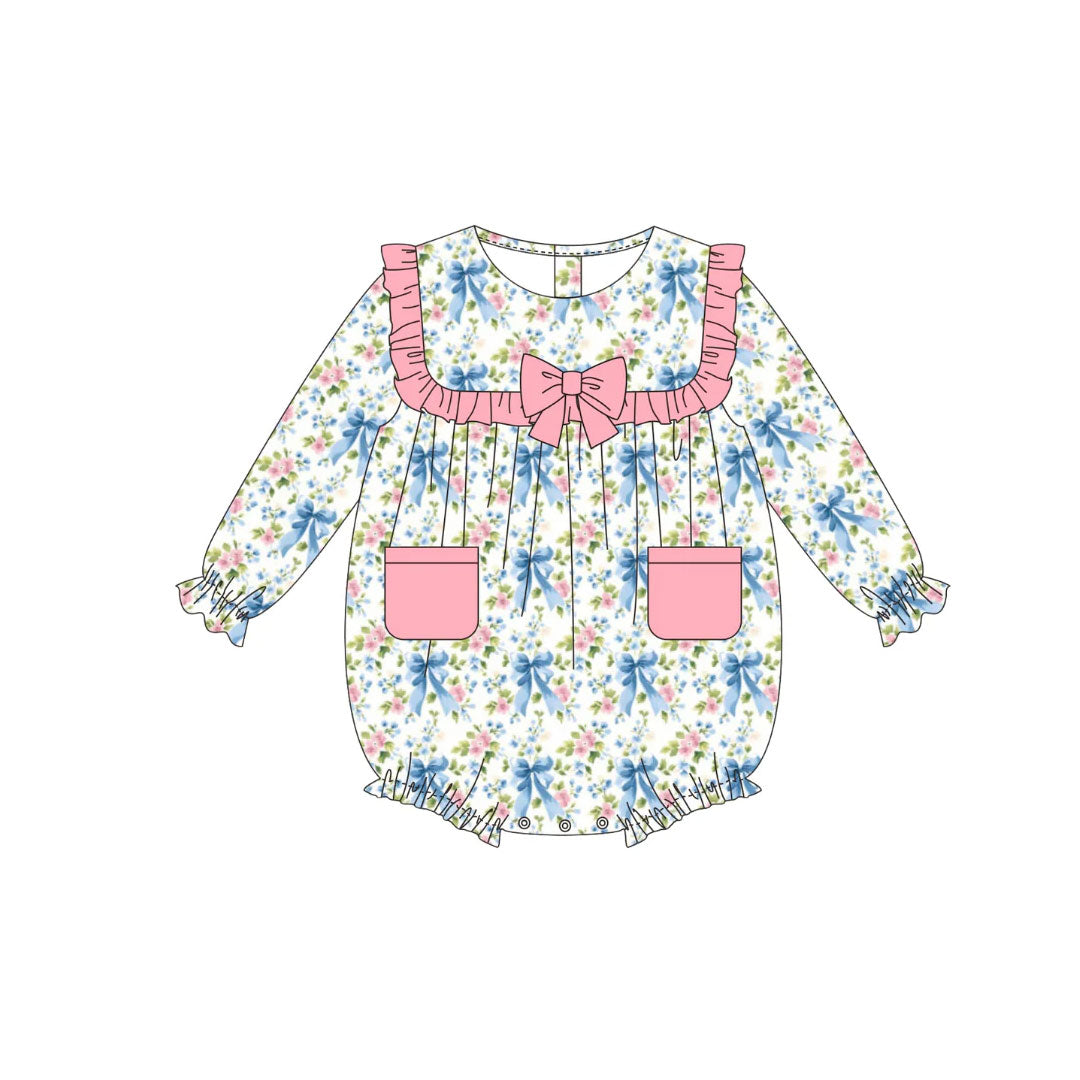Blue bow pink floral design girls long sleeve romper preorder