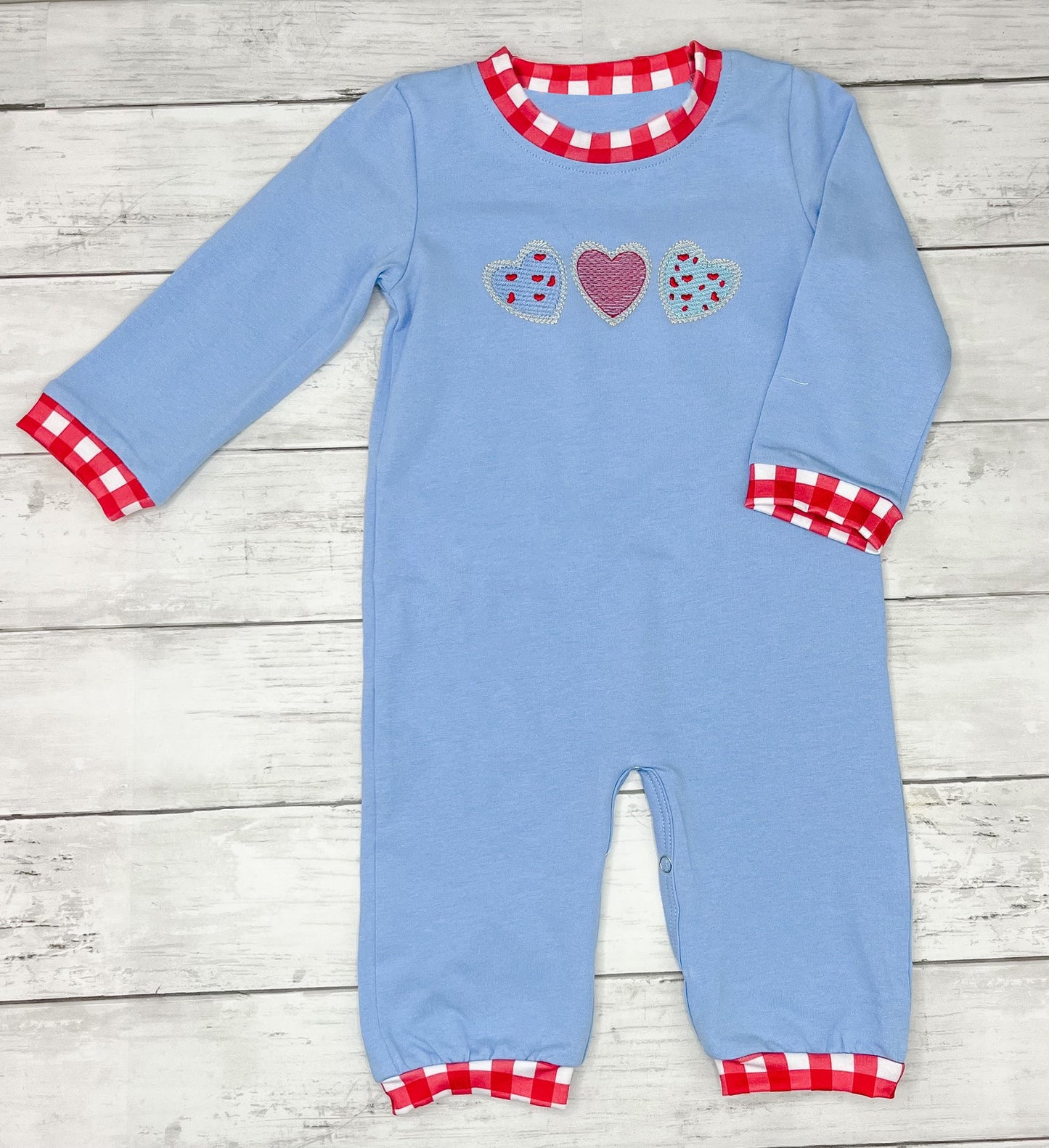 Valentines heart toddle baby boy long sleeve blue romper preorder