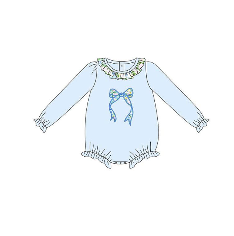 Toddle baby blue floral bow design long romper preorder