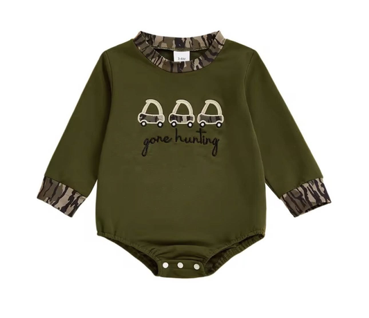 baby boy gone hunting long sleeve romper preorder