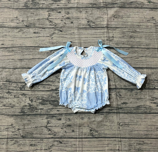 Blue bow flowers toddle baby girls romper preorder