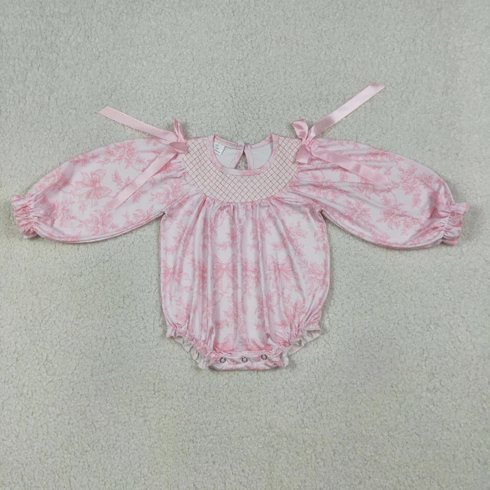 Pink bow girls long sleeve spring fall smocked outfit