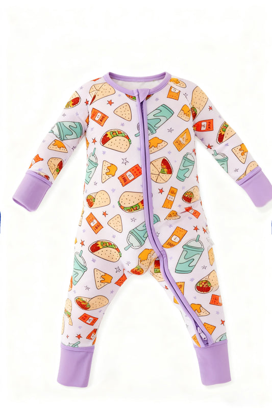 Drinking taco baby long sleeve zip romper preorder