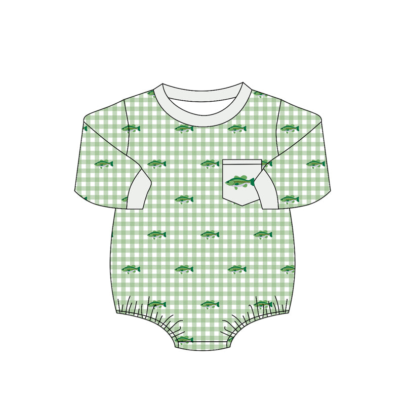 Toddle baby boy fish green plaid romper preorder