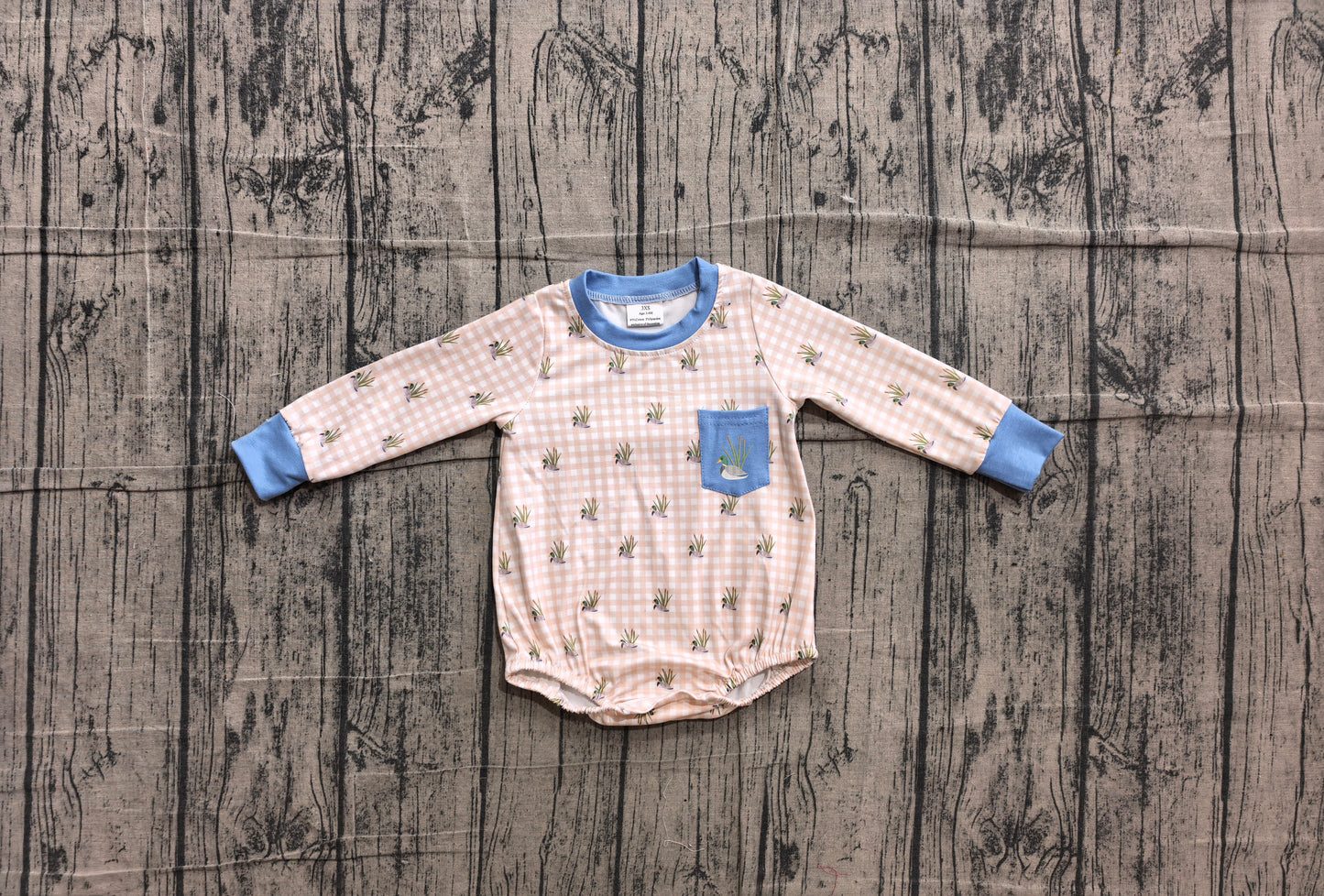 Toddle baby boy embroidery mallard duck khaki plaid romper preorder