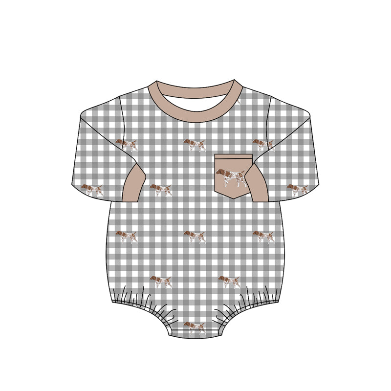 Toddle baby boy dog grey plaid romper preorder