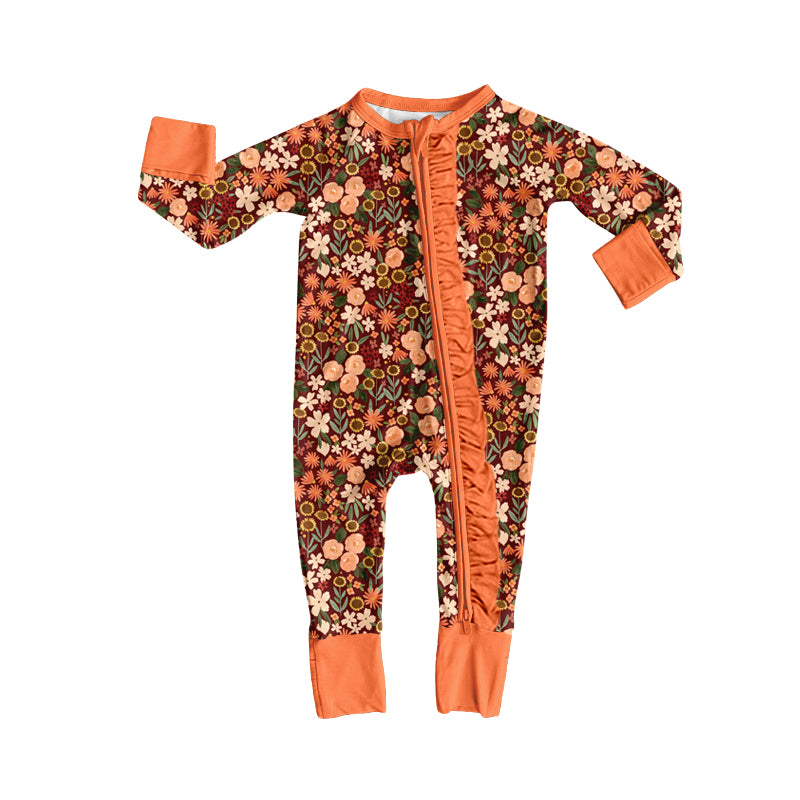 Toddle baby girl orange flowers long sleeve romper preorder