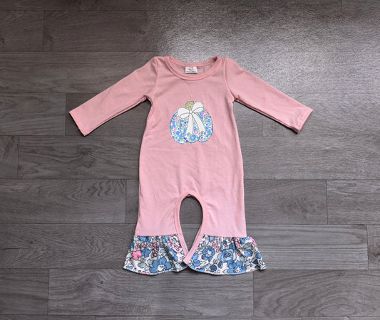 Toddle baby girl blue floral embroidery pumpkin long sleeve romper preorder