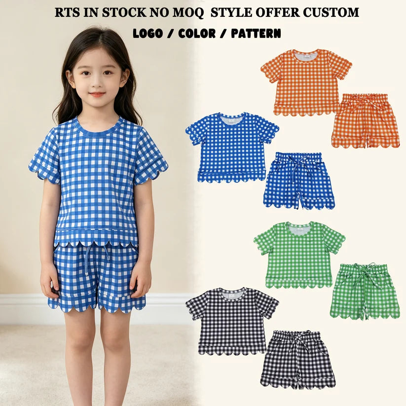 Blue plaid design top matching shorts girls summer outfit