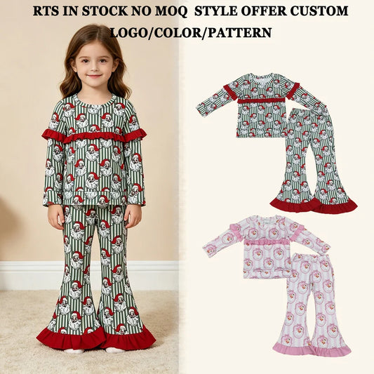 Christmas santa claus long sleeve top matching pants girl outfit