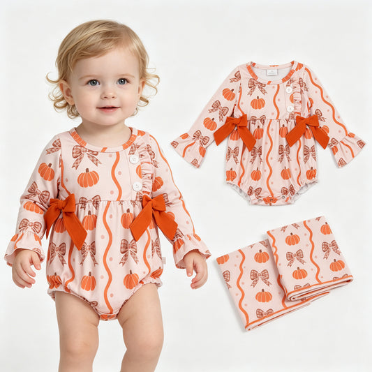 Toddle baby girls pumpkin bow long sleeve romper