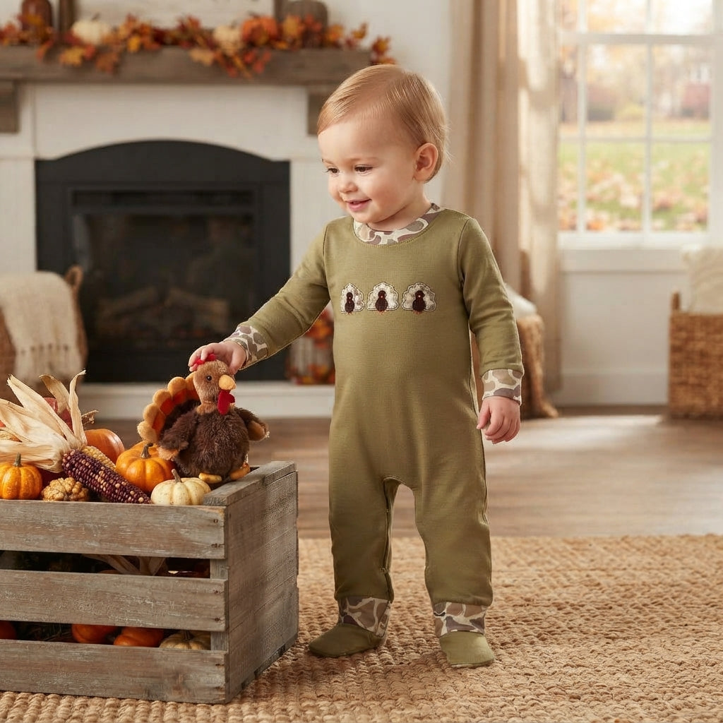 Toddle baby boy Thanksgiving camo embroidery turkey long sleeve romper