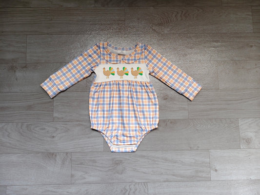 Toddle baby boy long sleeve Thanksgiving turkey embroidery design romper preorder