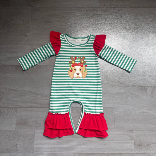 Toddle baby girl Christmas deer dog embroidery design romper preorder