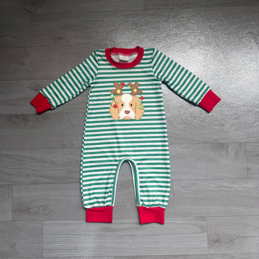 Toddle baby boy Christmas deer dog embroidery design romper preorder