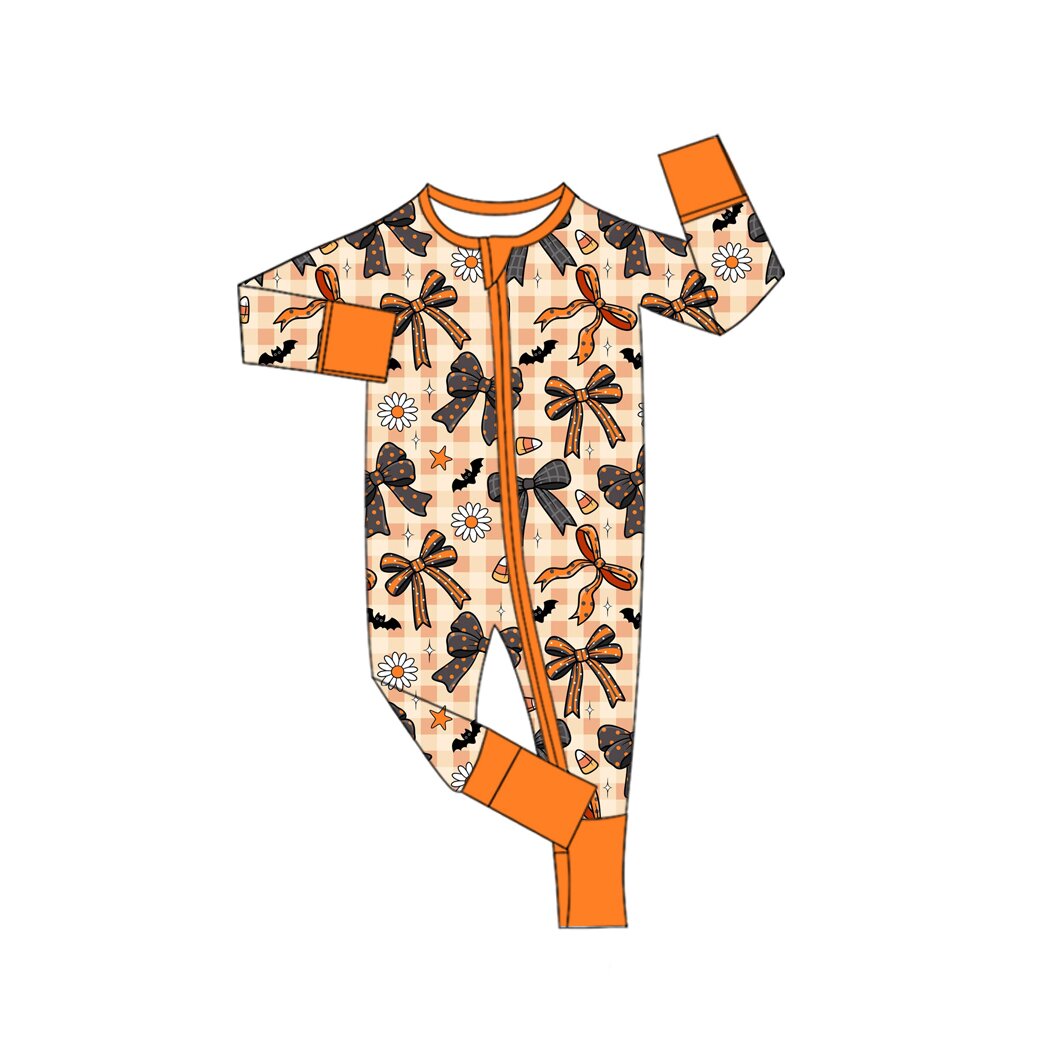 Toddle baby girl long sleeve halloween bow zip romper preorder