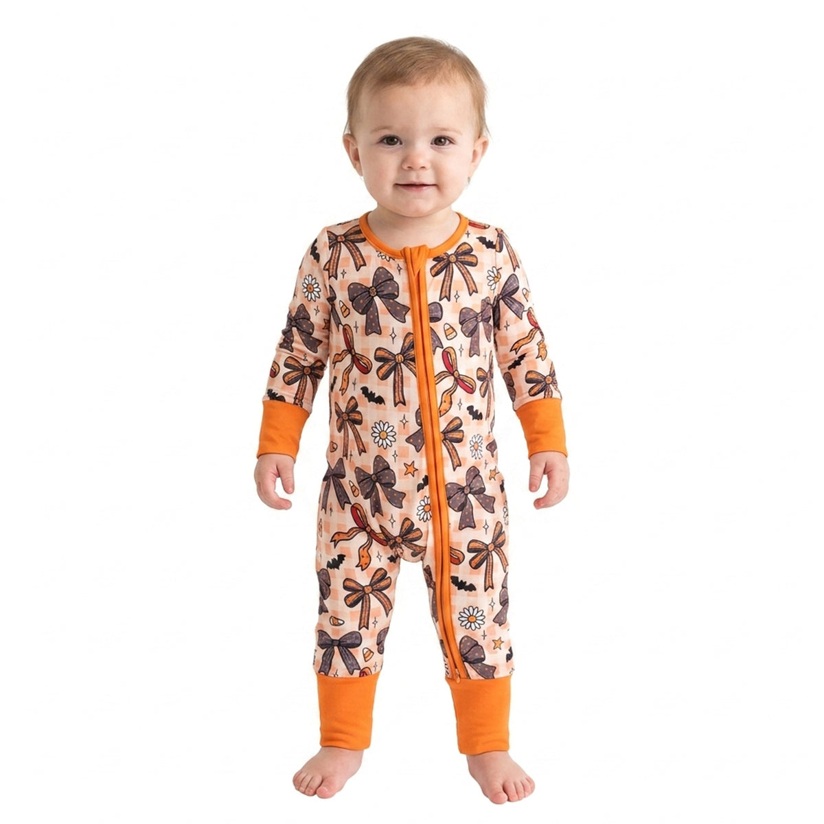 Toddle baby girl long sleeve halloween bow zip romper