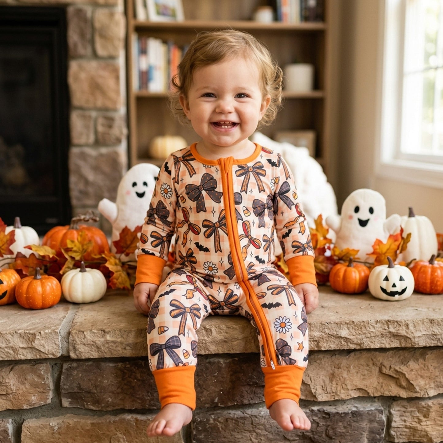 Toddle baby girl long sleeve halloween bow zip romper