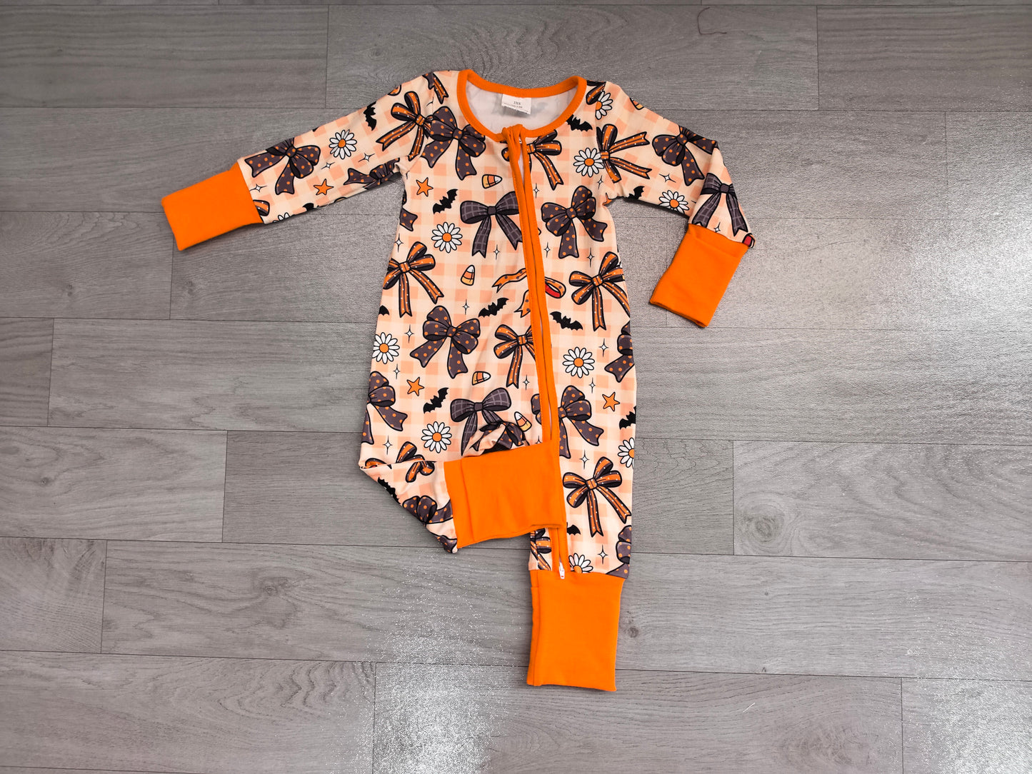 Toddle baby girl long sleeve halloween bow zip romper preorder