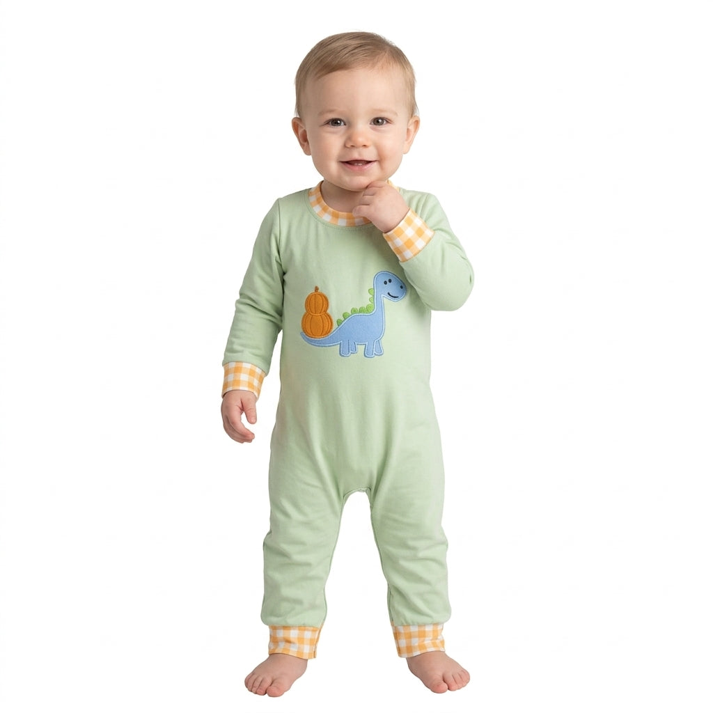 Toddle baby boy long sleeve embroidery pumpkin dinosaur romper
