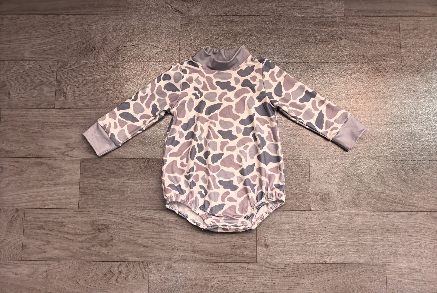 Toddle baby long sleeve grey camo print romper preorder