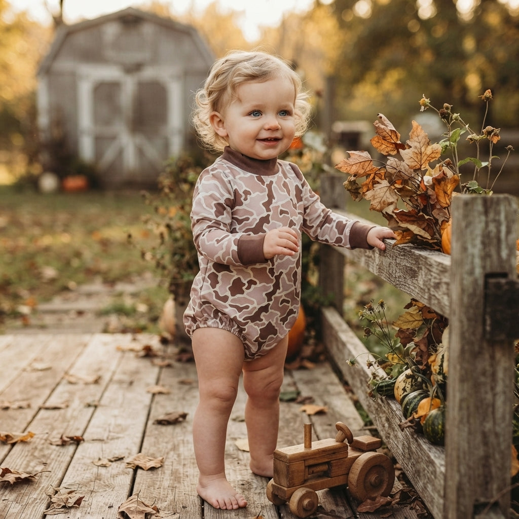 Toddle baby long sleeve dark grey camo print romper