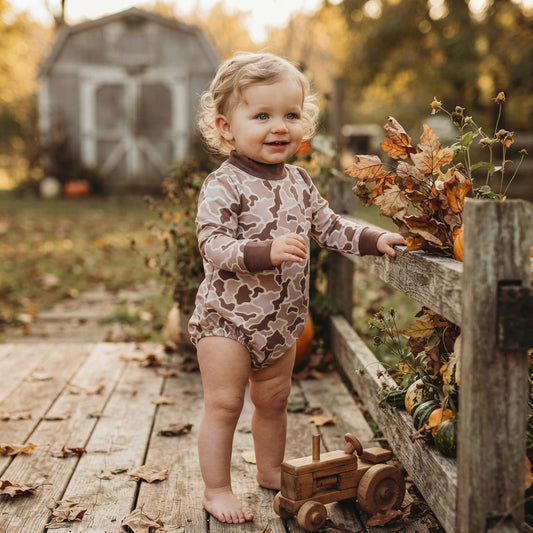 Toddle baby long sleeve dark grey camo print romper