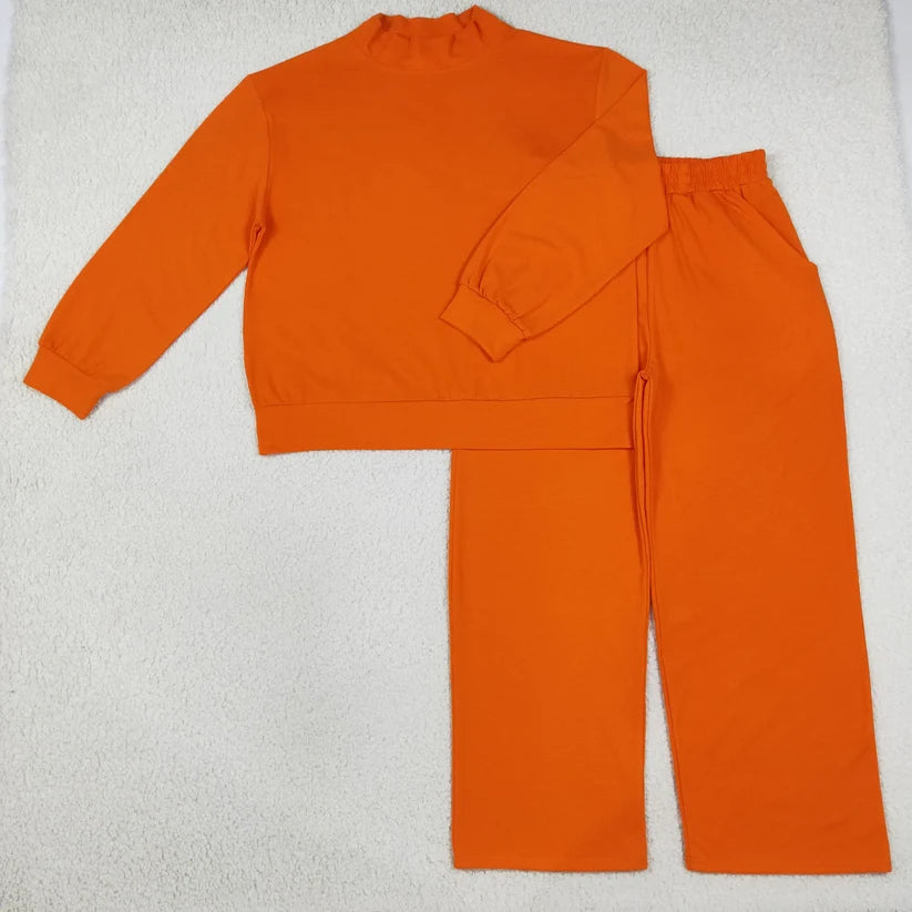 Mommy and me orange color long sleeve mock neck top matching leggings set