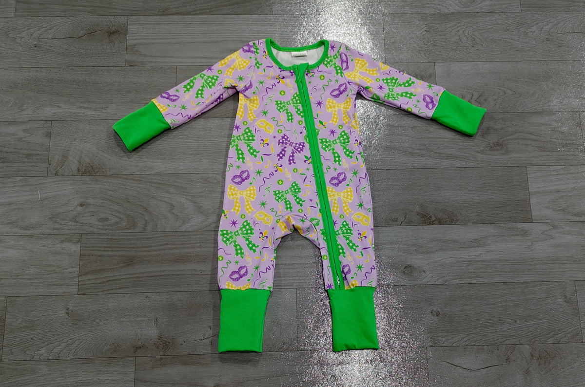Mardi Gras bow  toddle long sleeve romper preorder