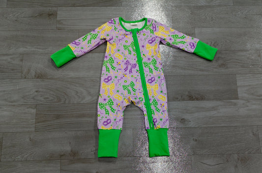 Mardi Gras bow  toddle long sleeve romper preorder