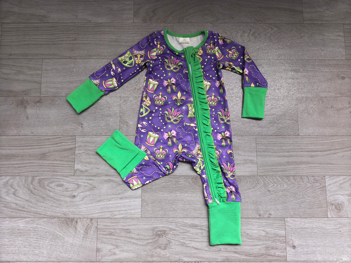 Mardi Gras print toddle baby girls long sleeve romper preorder