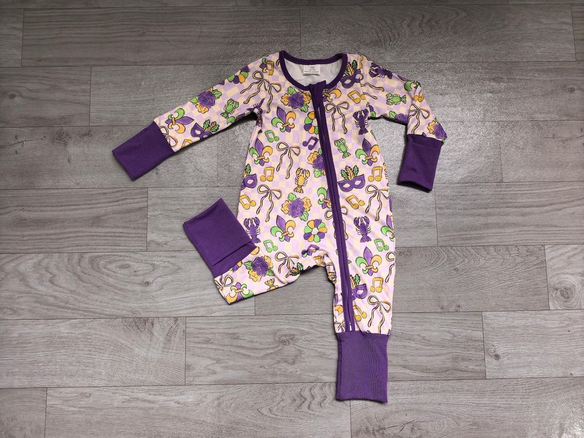 Mardi Gras print toddle baby girls long sleeve romper preorder