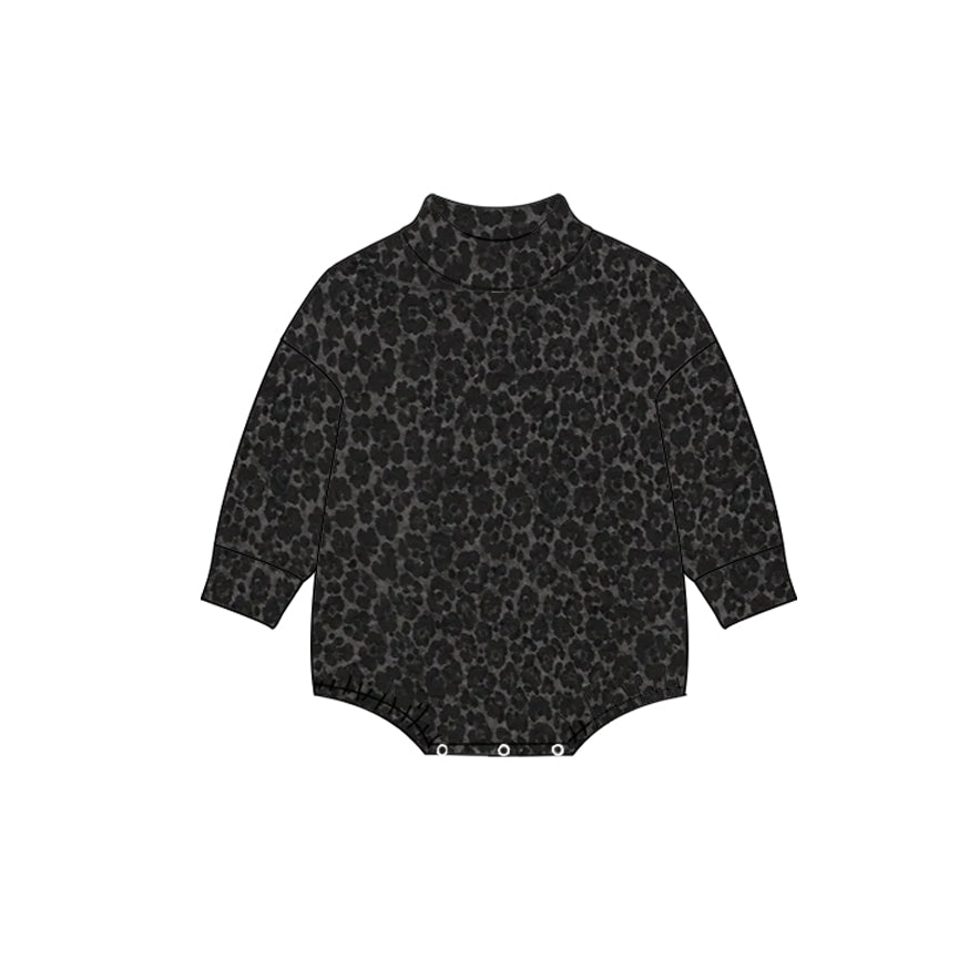 Black leopard print toddle baby long sleeve mock neck romper preorder