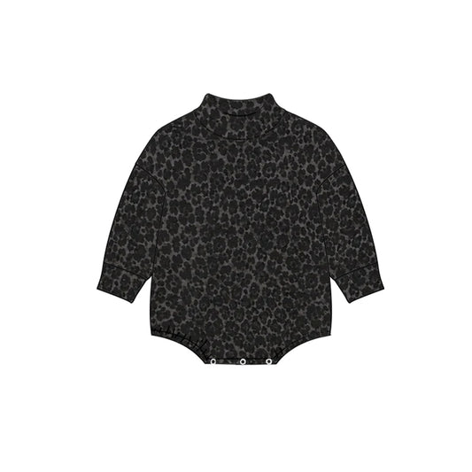 Black leopard print toddle baby long sleeve mock neck romper preorder