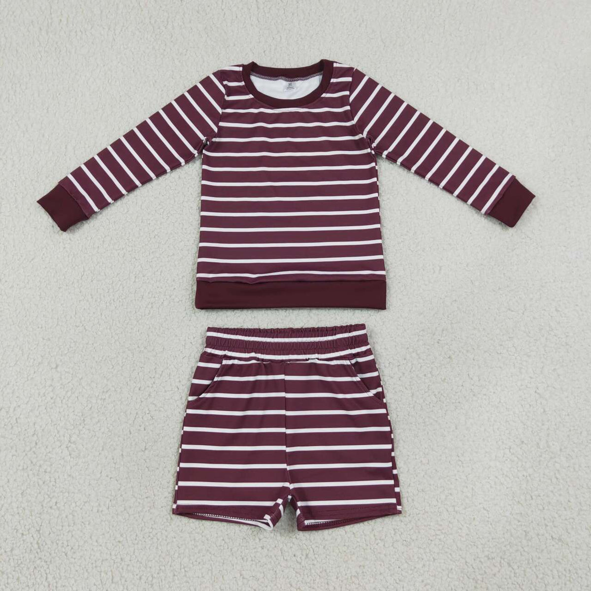 Maroon stripes long sleeve yoga pullover top matching shorts girls outfit