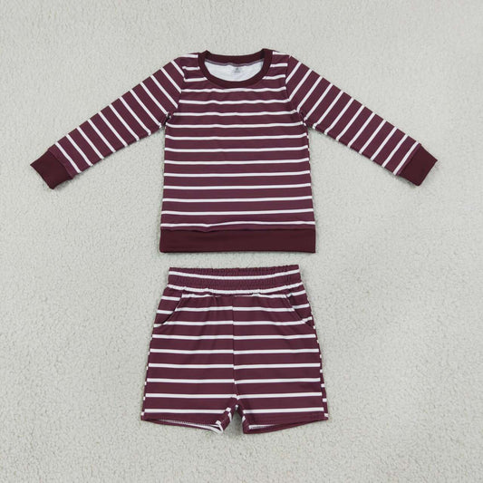 Maroon stripes long sleeve yoga pullover top matching shorts girls outfit