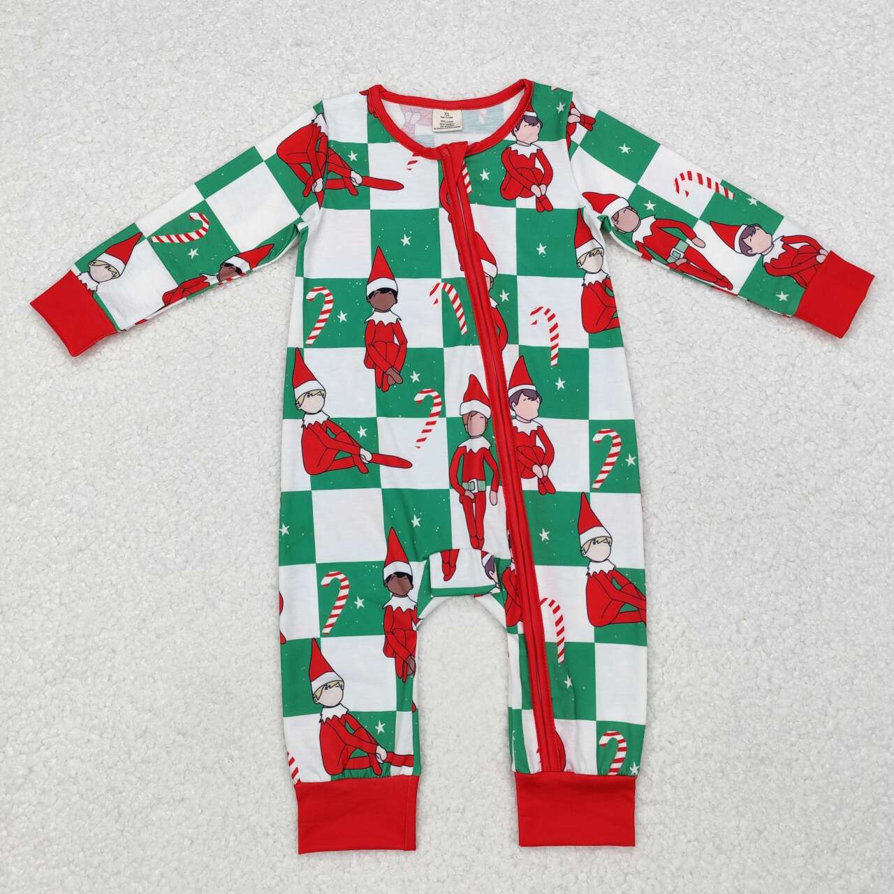 Baby boy Christmas candy cane checkered bamboo zip romper