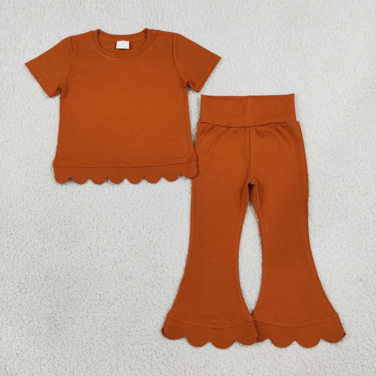 Girl orange color short sleeve scallop top matching pants wholesale outfit