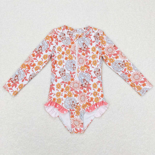girls  one piece butterfly flower leaves summer swimwear