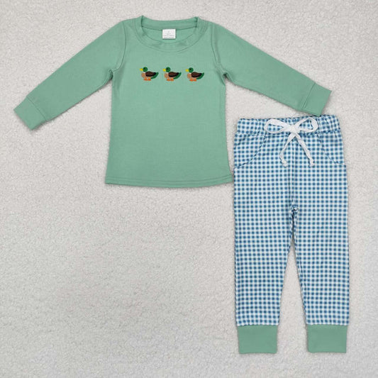 Embroidery Mallard duck long sleeve top plaid pants baby boy clothes