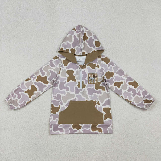Baby boy grey camo dog duck embroidery design long sleeve hoodie top
