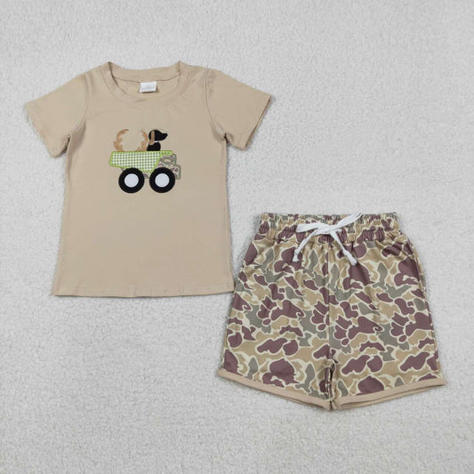 Embroidery Dog truck shirt matching shorts boy summer outfit