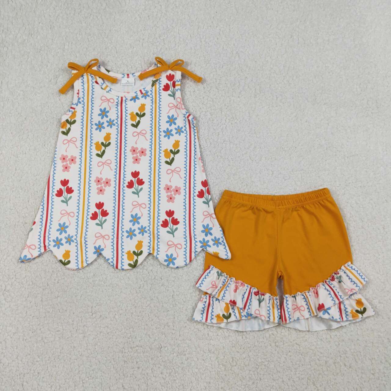 Pink yellow flowers top matching shorts girls summer outfit