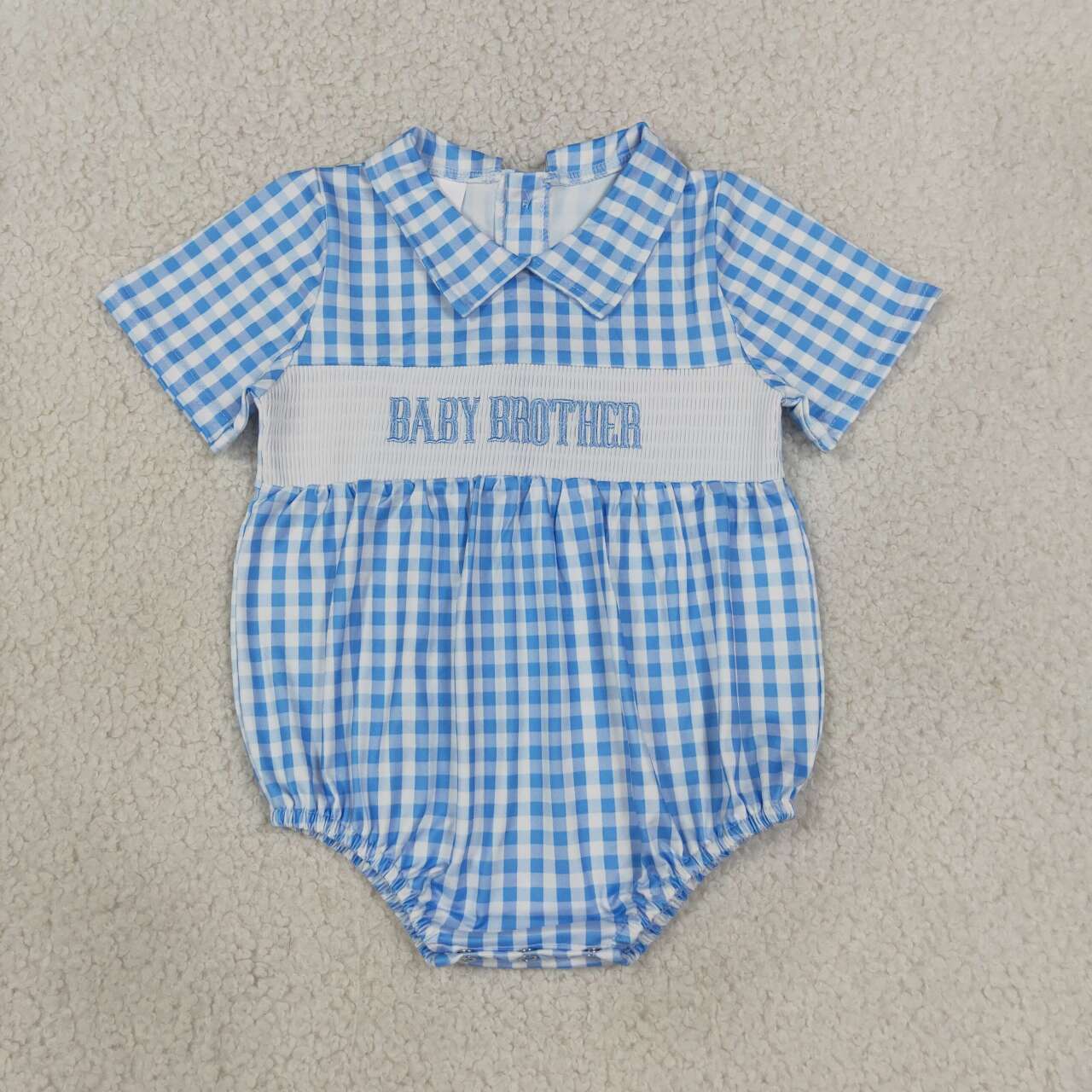 Baby sister blue plaid short sleeve smocked romper