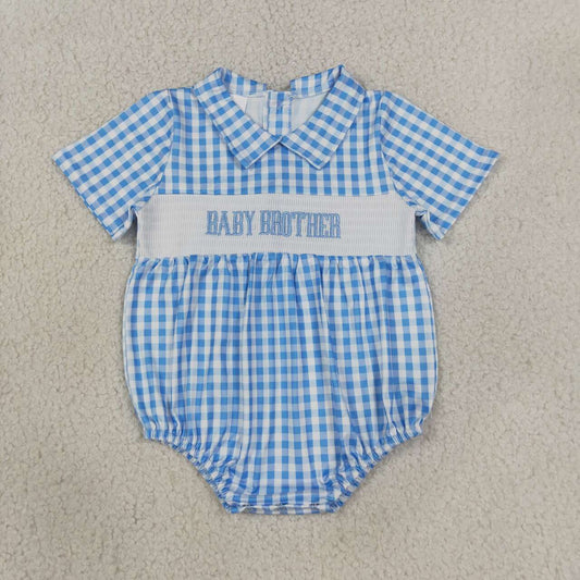 Baby sister blue plaid short sleeve smocked romper