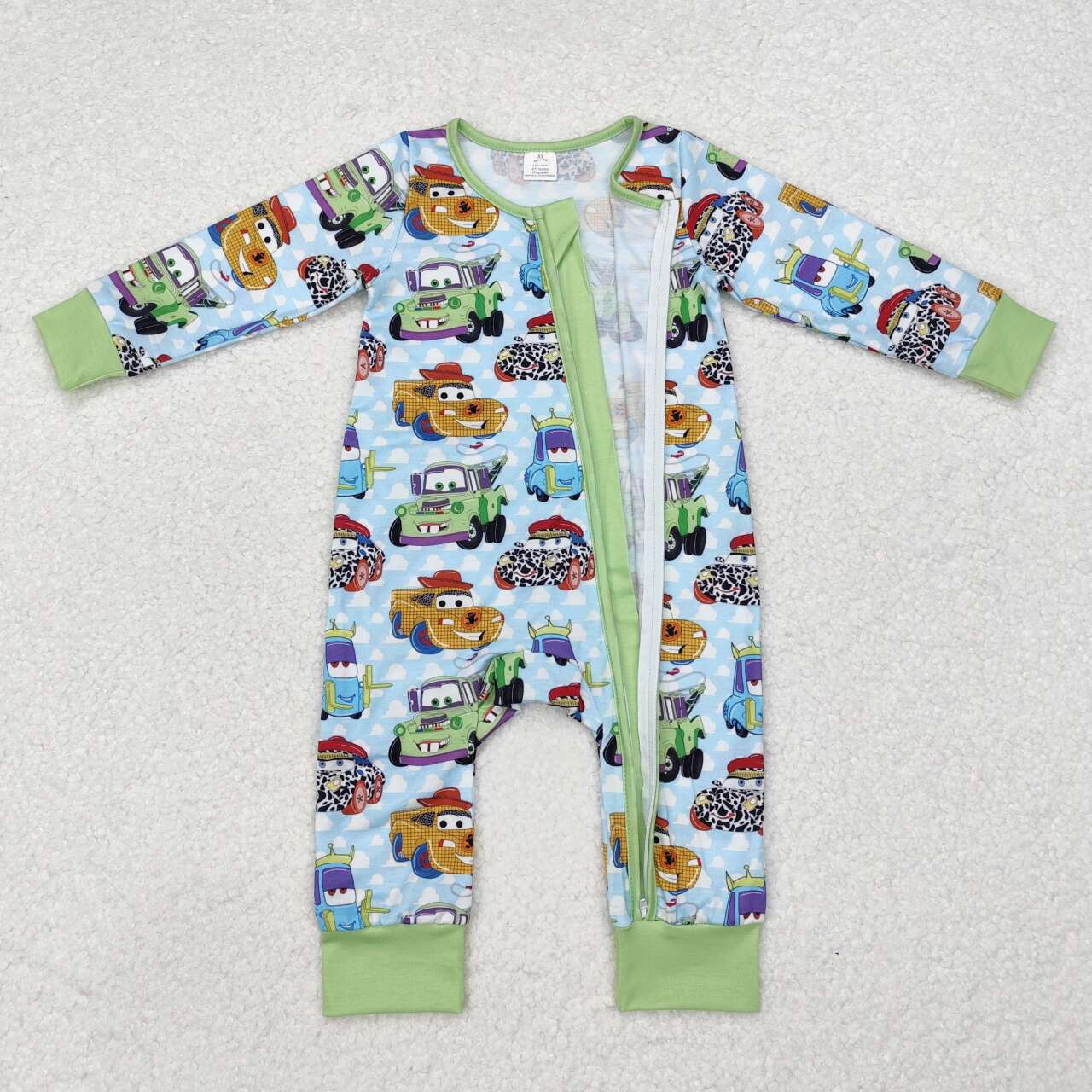 Infant baby boy cartoon car bamboo zip romper