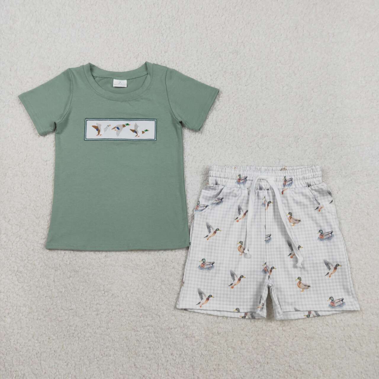 Embroidery Mallard duck shirt matching shorts boys summer outfit