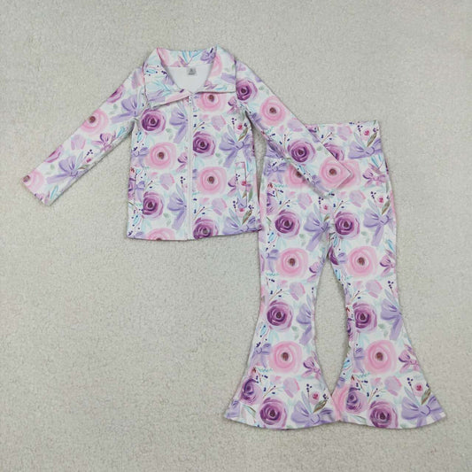 Kids girls lavender floral long sleeve active wear athletic yoga set