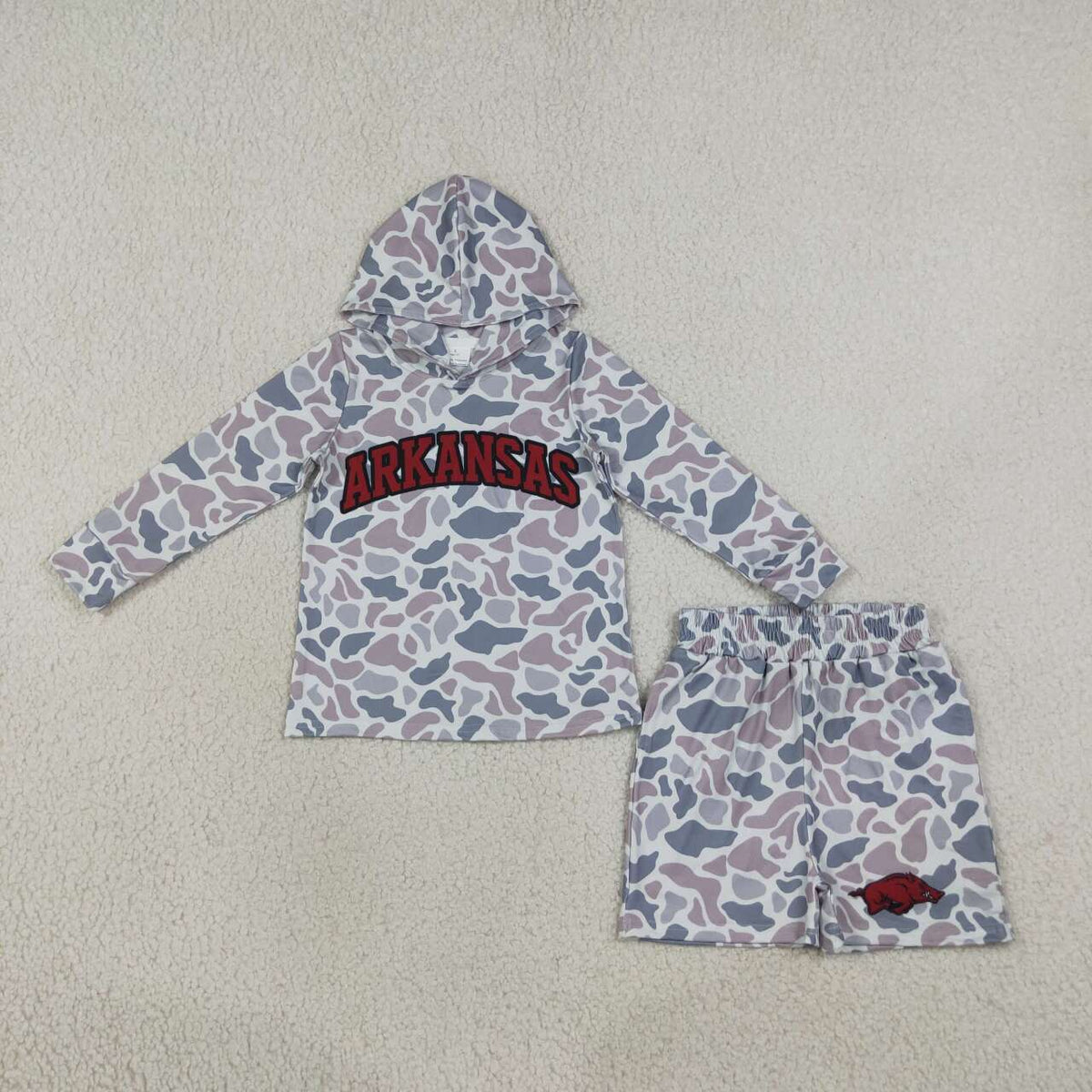 Boys long sleeve arkansas camo hoodie top matching shorts outfit